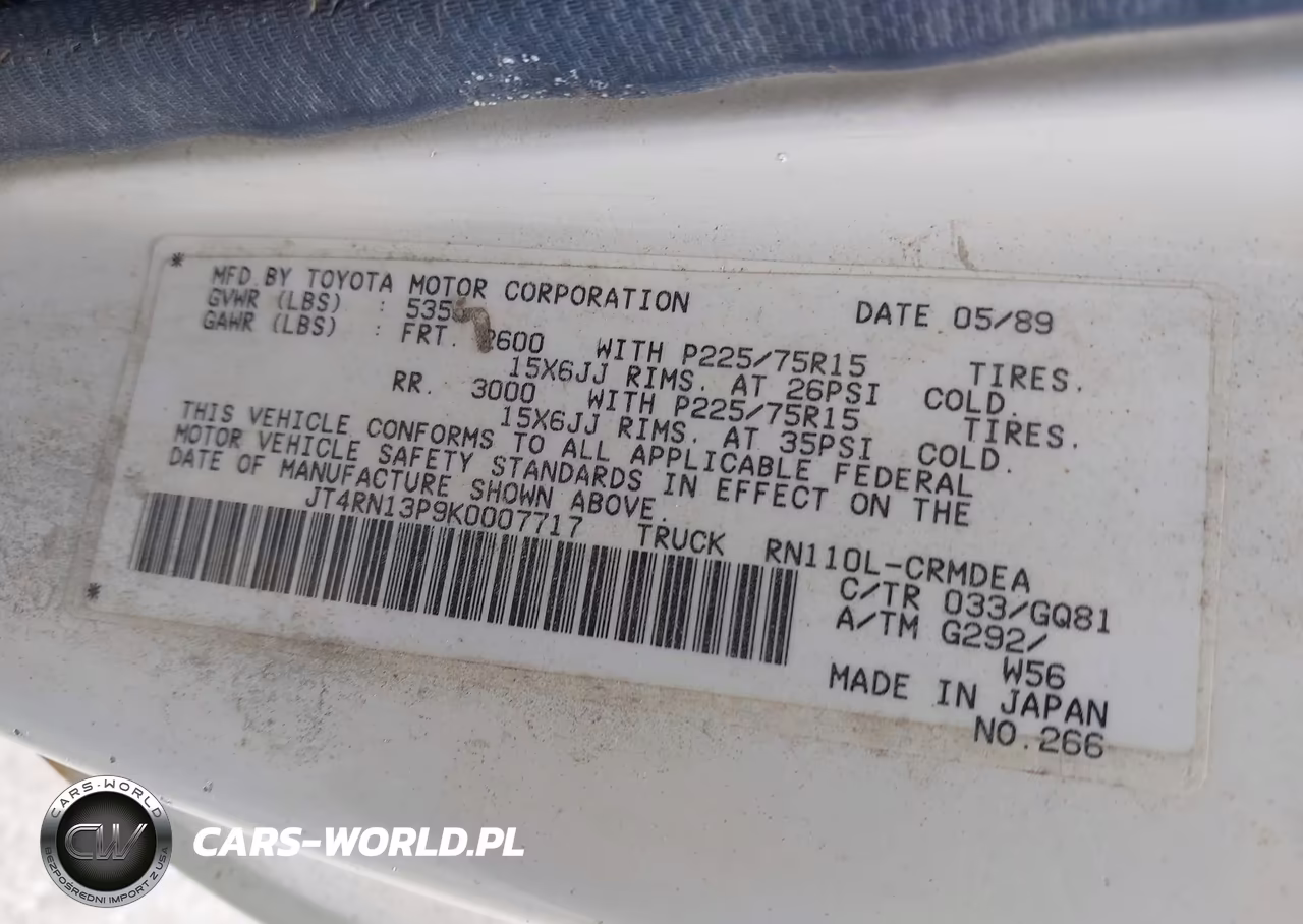 1989 Toyota Pickup 1-2 Ton Ex Lng Whlbse Dlx VIN:JT4RN13P9K0007717 - 9