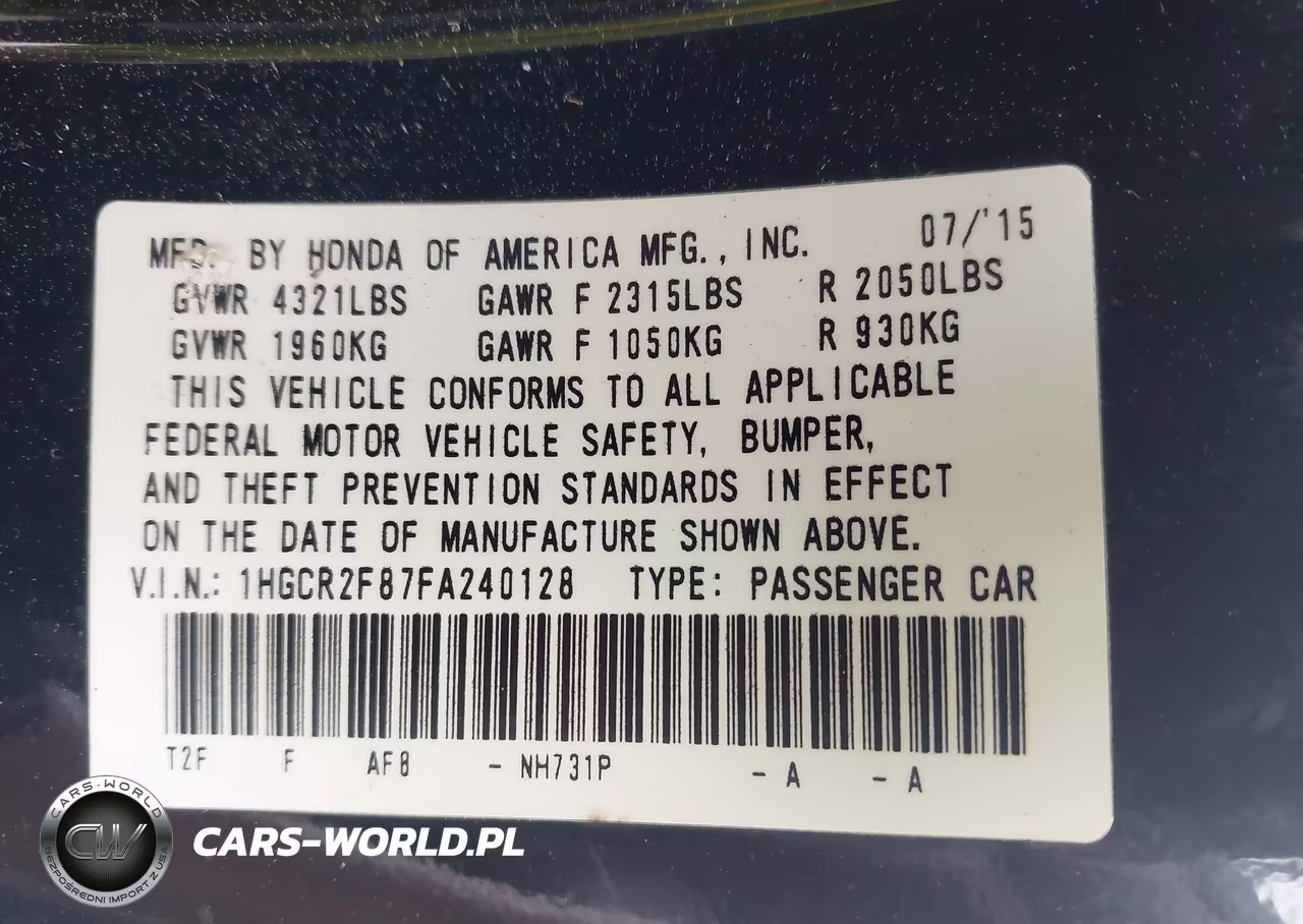 2015 Honda Accord Ex-L VIN:1HGCR2F87FA240128 - 9