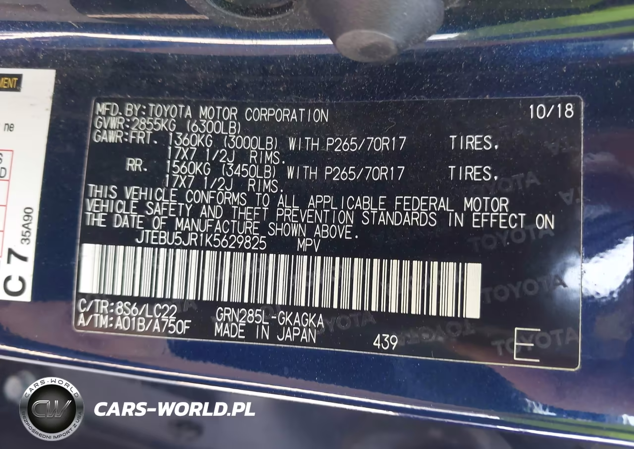 2019 Toyota 4Runner Trd Off Road Premium VIN:JTEBU5JR1K5629825 - 9
