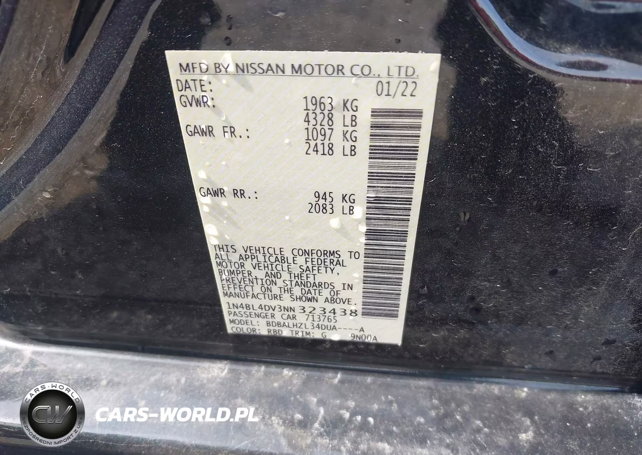 2022 Nissan Altima Sv Fwd VIN:1N4BL4DV3NN323438 - 9
