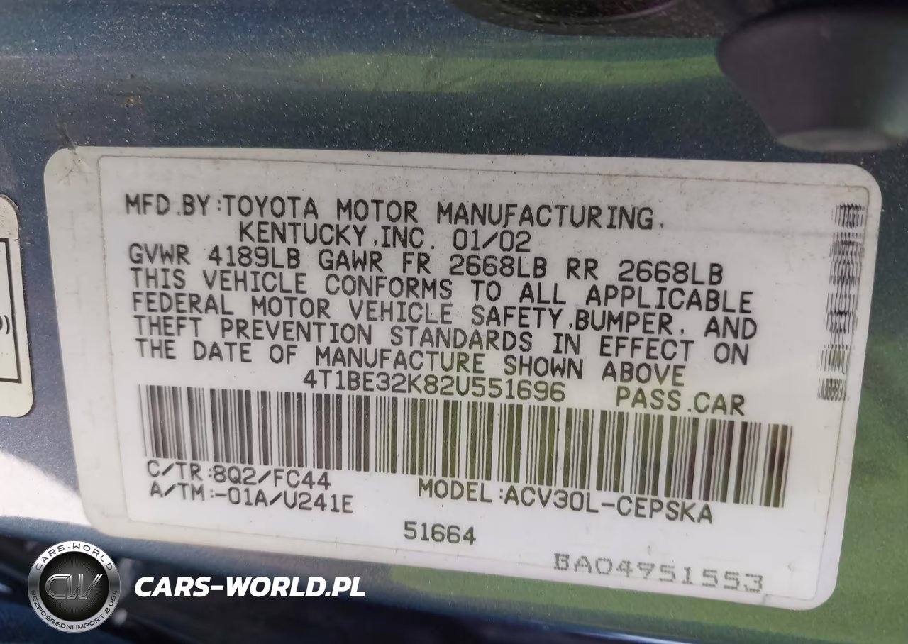 2002 Toyota Camry Se VIN:4T1BE32K82U551696 - 9