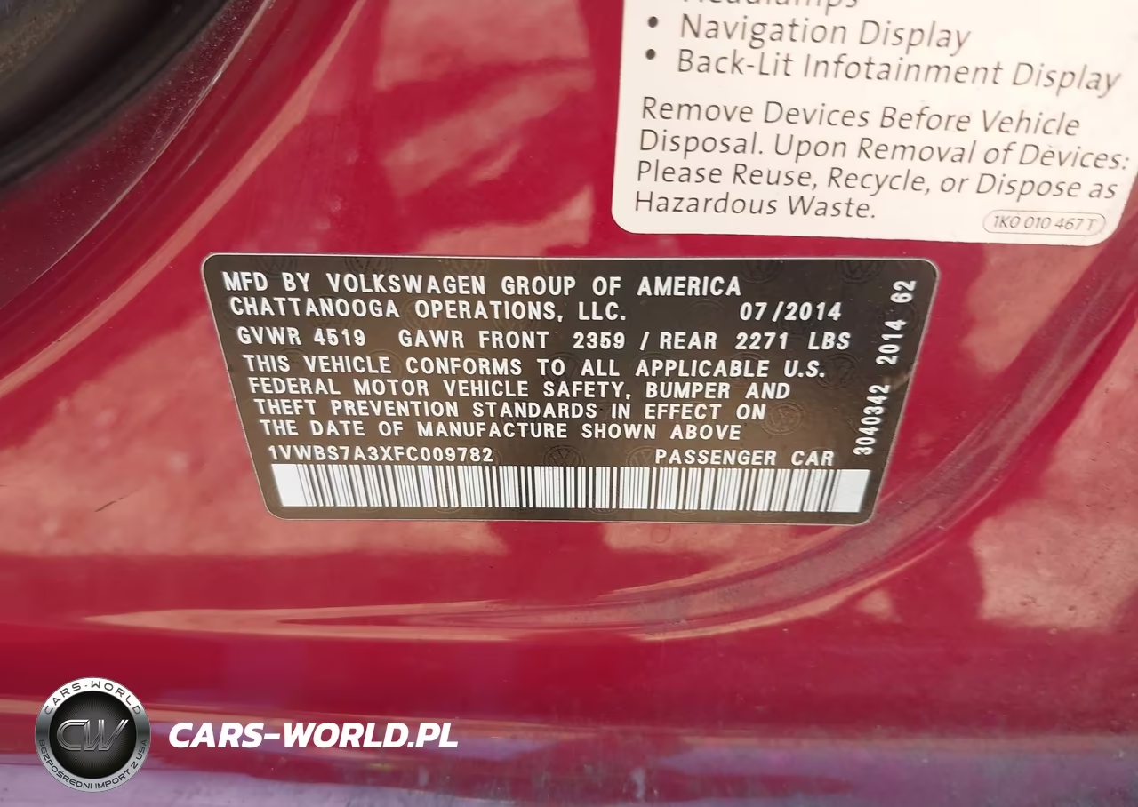 2015 Volkswagen Passat 1.8T Se VIN:1VWBS7A3XFC009782 - 9