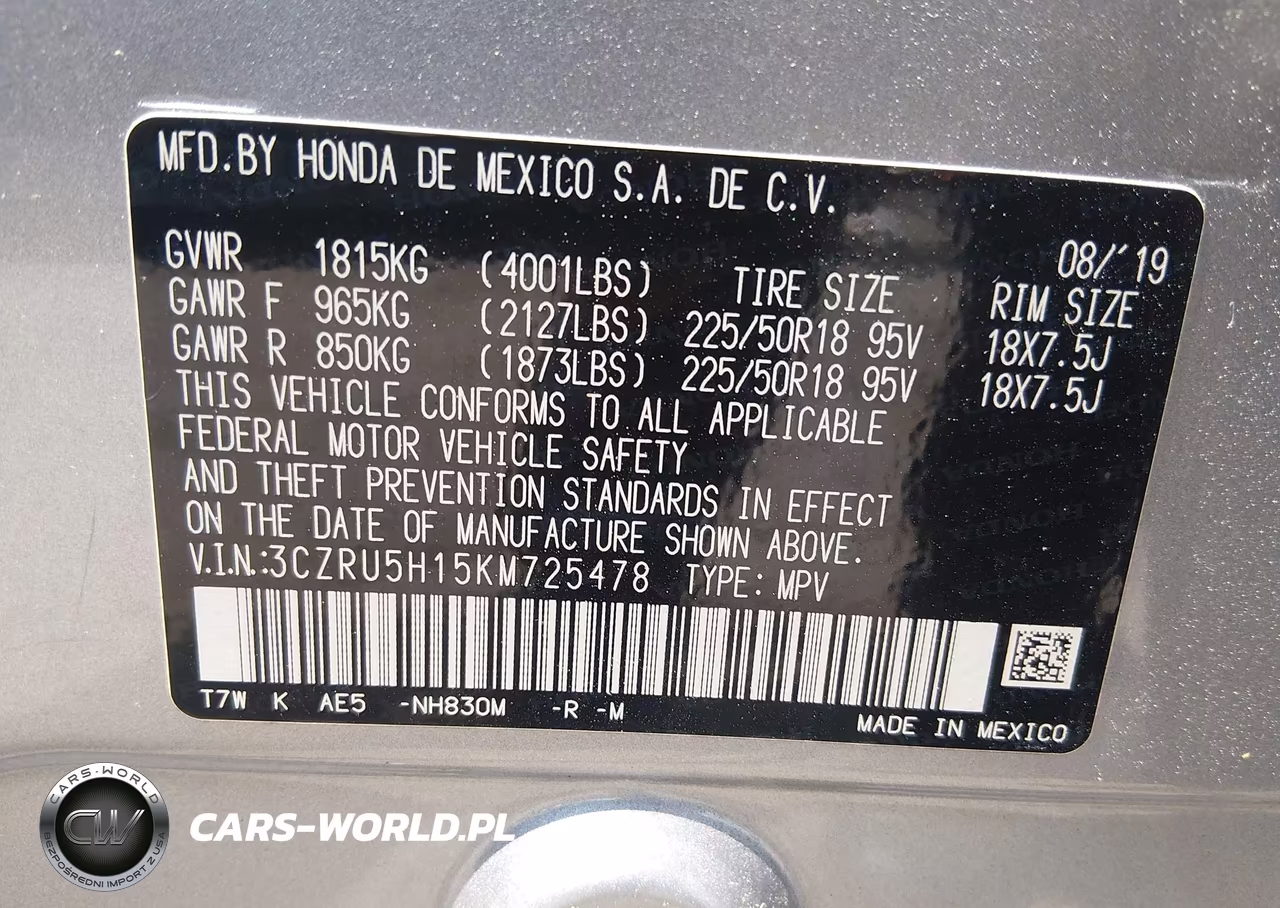 2019 Honda Hr-V Sport VIN:3CZRU5H15KM725478 - 9