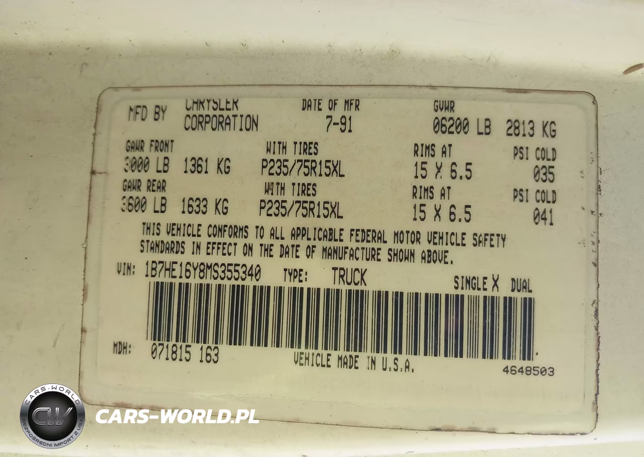 1991 Dodge D-Series D150 VIN:1B7HE16Y8MS355340 - 9