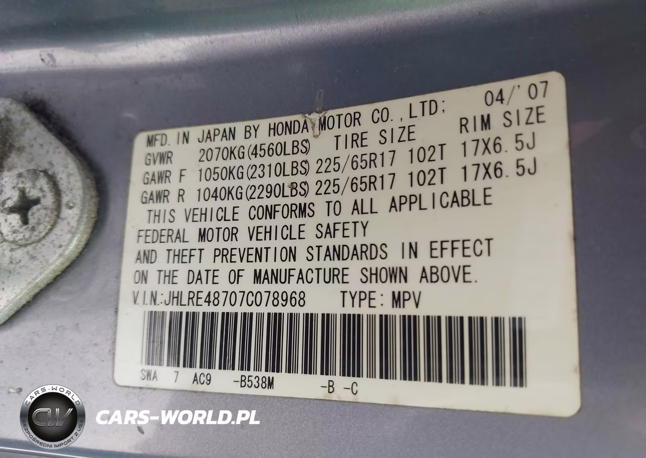 2007 Honda Cr-V Ex-L VIN:JHLRE48707C078968 - 9