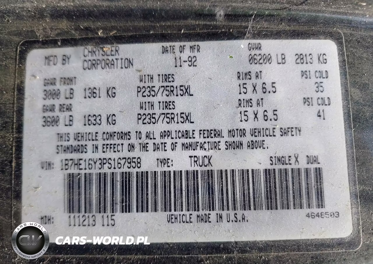 1993 Dodge D-Series D150 VIN:1B7HE16Y3PS167958 - 9