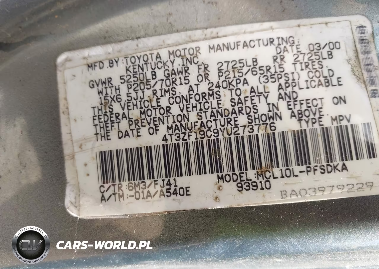 2000 Toyota Sienna Ce VIN:4T3ZF19C9YU273776 - 9