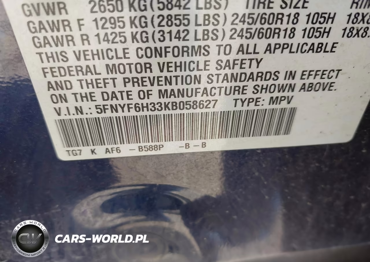 2019 Honda Pilot Ex VIN:5FNYF6H33KB058627 - 9