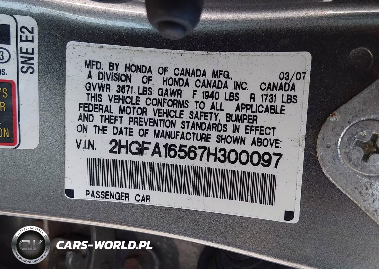 2007 Honda Civic Lx VIN:2HGFA16567H300097 - 9