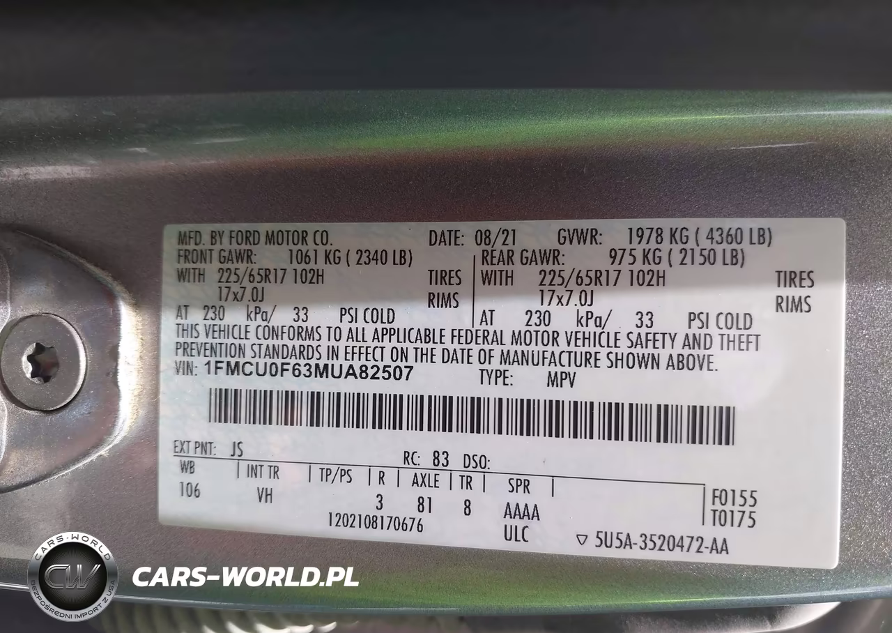 2021 Ford Escape S VIN:1FMCU0F63MUA82507 - 9