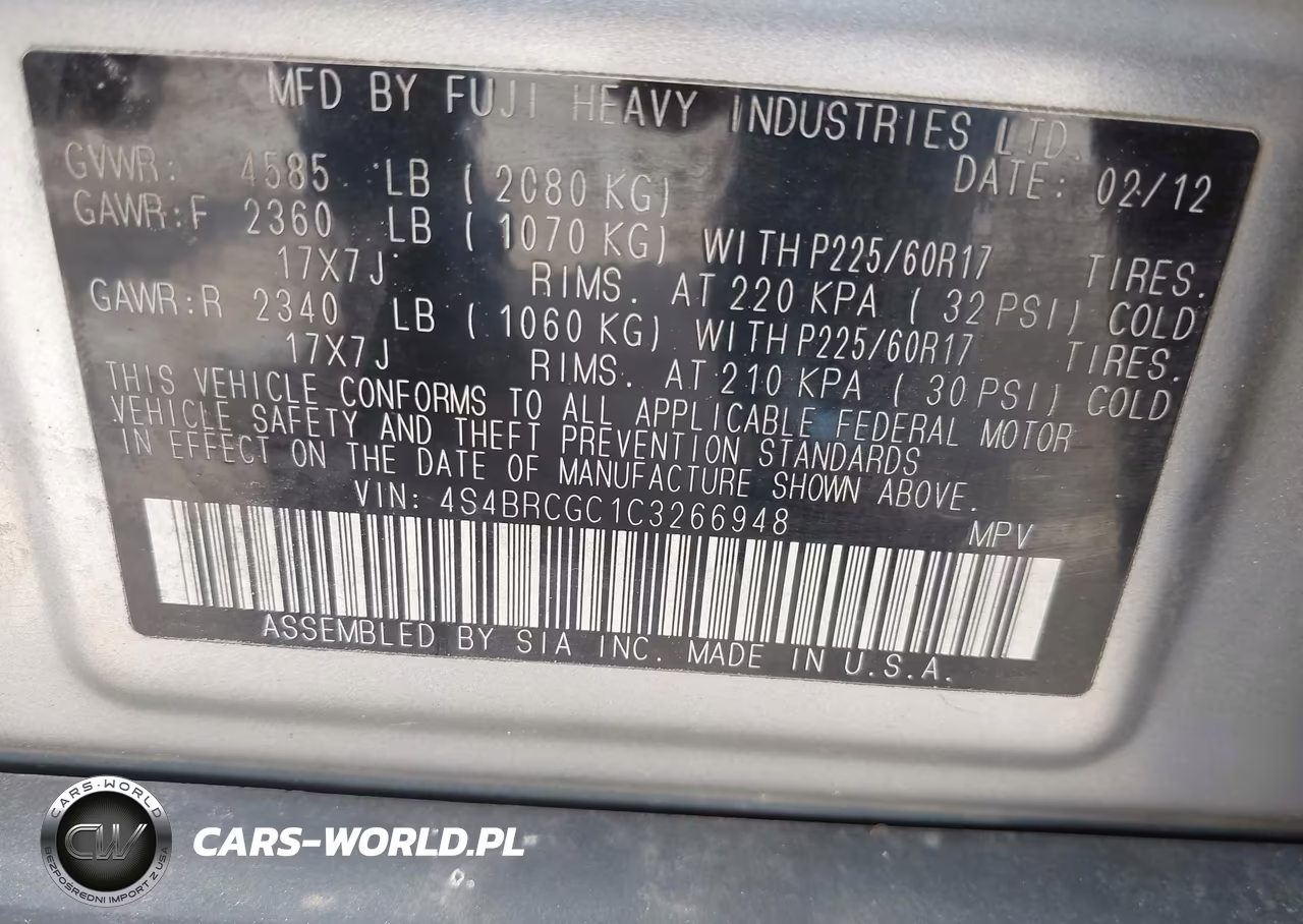 2012 Subaru Outback 2.5I Premium VIN:4S4BRCGC1C3266948 - 9