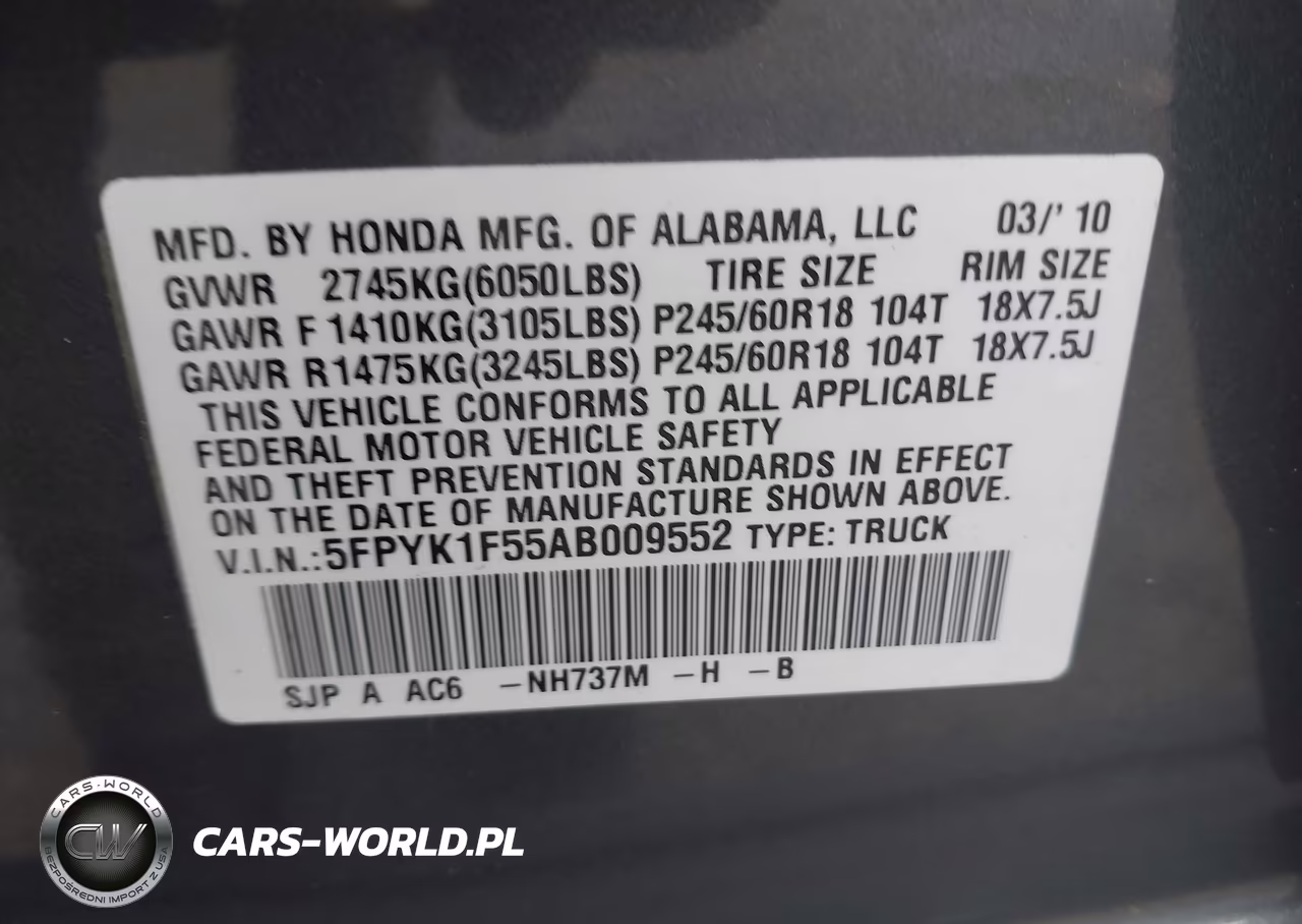 2010 Honda Ridgeline Rtl VIN:5FPYK1F55AB009552 - 9