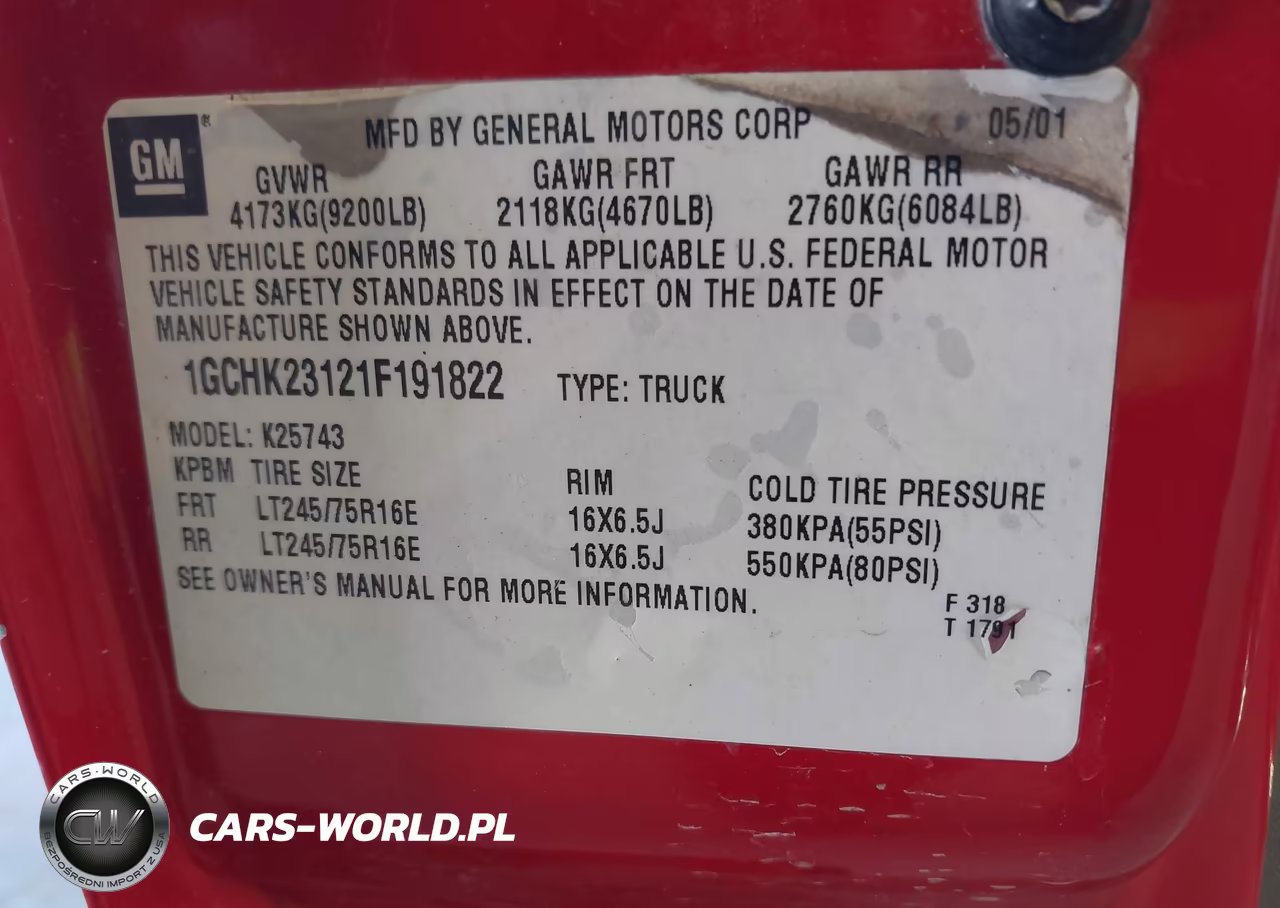 2001 Chevrolet Silverado 2500Hd Lt VIN:1GCHK23121F191822 - 9