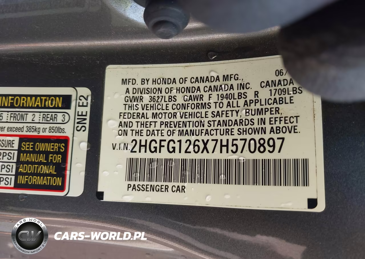 2007 Honda Civic Lx VIN:2HGFG126X7H570897 - 9