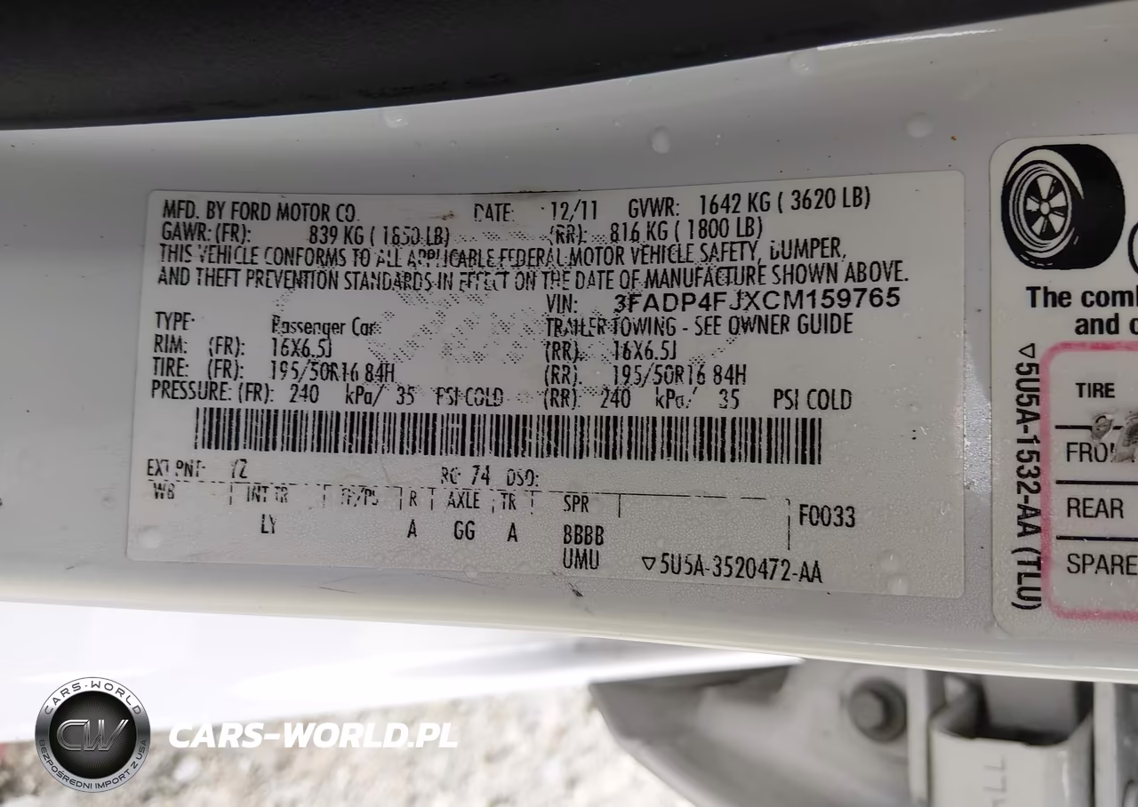 FORD FIESTA VIN:3FADP4FJXCM159765 - 9