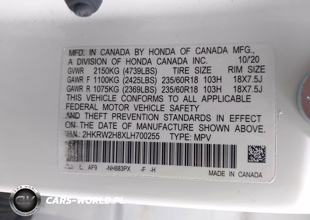 2020 Honda Cr-V Awd Ex-L VIN:2HKRW2H8XLH700255 - 9