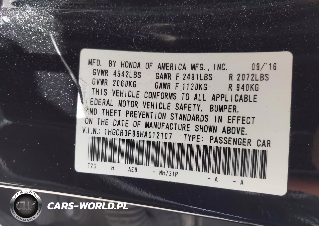 2017 Honda Accord Touring V6 VIN:1HGCR3F98HA012107 - 9