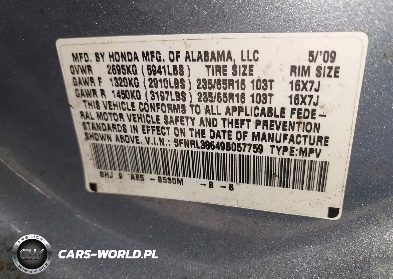 2009 Honda Odyssey Ex-L VIN:5FNRL38649B057759 - 9