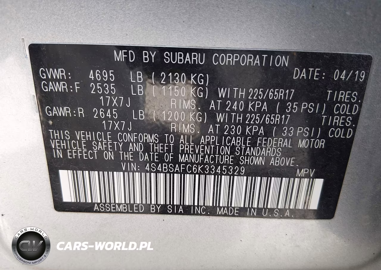 2019 Subaru Outback 2.5I Premium VIN:4S4BSAFC6K3345329 - 9