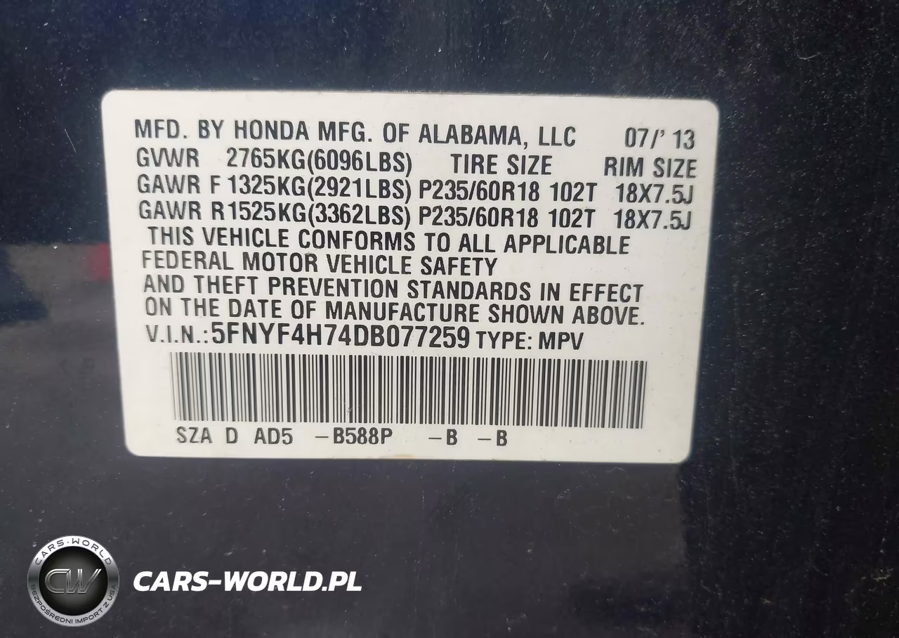 2013 Honda Pilot Ex-L VIN:5FNYF4H74DB077259 - 9