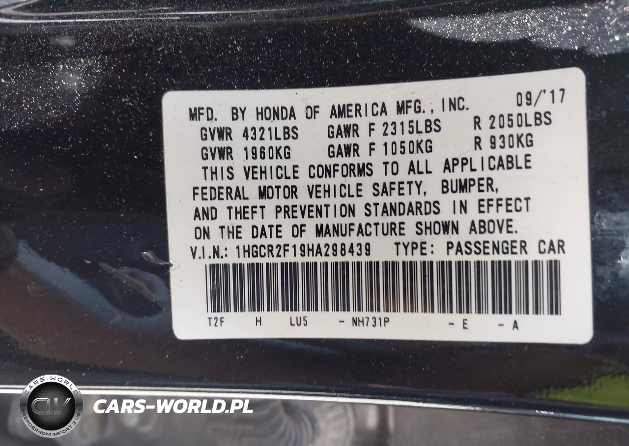 2017 Honda Accord Sport Se VIN:1HGCR2F19HA298439 - 9