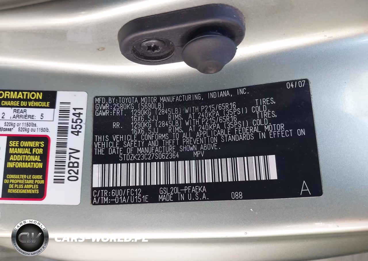 2007 Toyota Sienna Le VIN:5TDZK23C27S062364 - 9