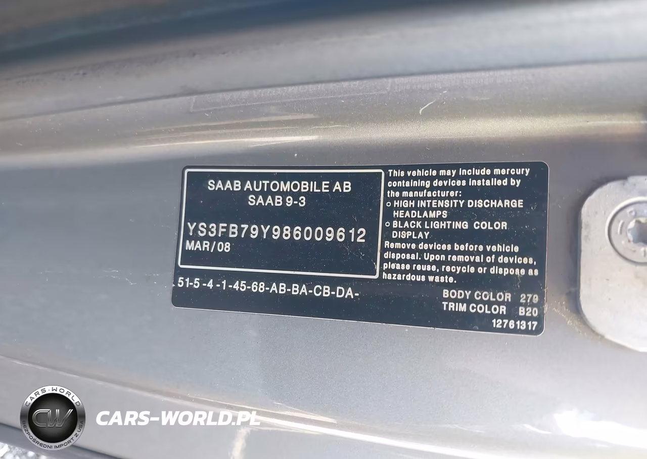 2008 Saab 9-3 2.0T VIN:YS3FB79Y986009612 - 9