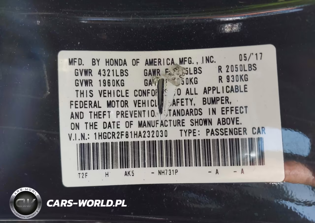 2017 Honda Accord Ex-L VIN:1HGCR2F81HA232030 - 9