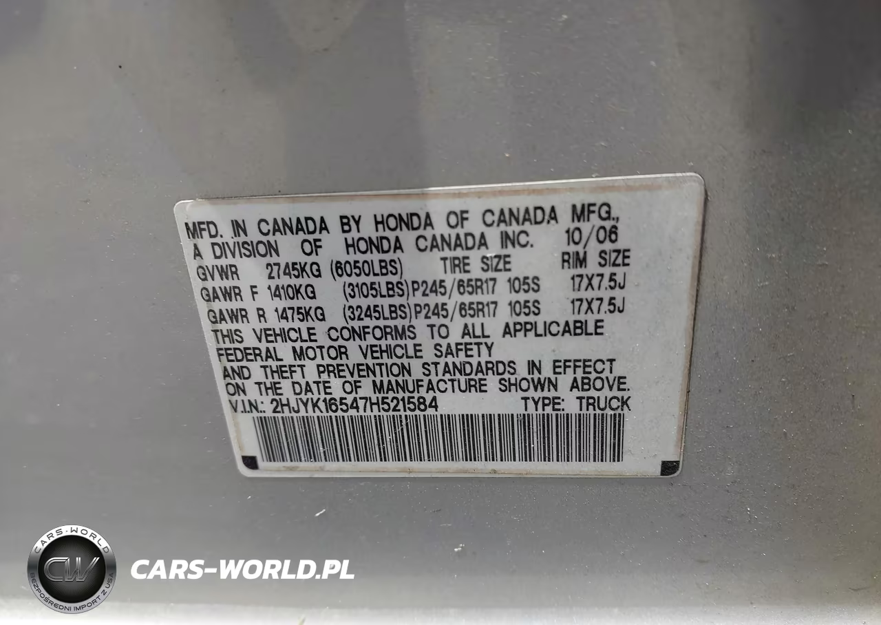 2007 Honda Ridgeline Rtl VIN:2HJYK16547H521584 - 9