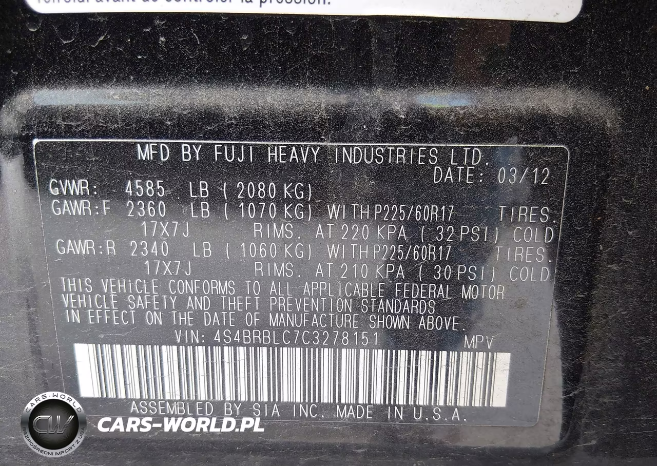 2012 Subaru Outback 2.5I Limited VIN:4S4BRBLC7C3278151 - 9