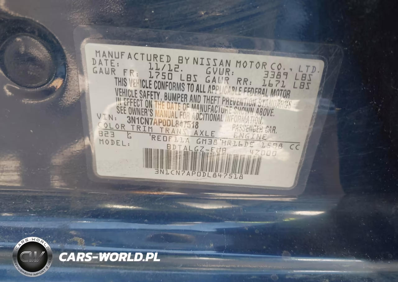NISSAN VERSA VIN:3N1CN7AP0DL847518 - 9