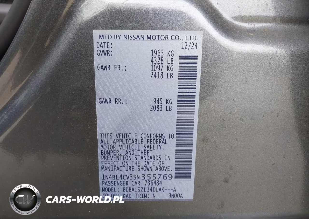 2025 Nissan Altima Sr Fwd VIN:1N4BL4CV3SN355769 - 9
