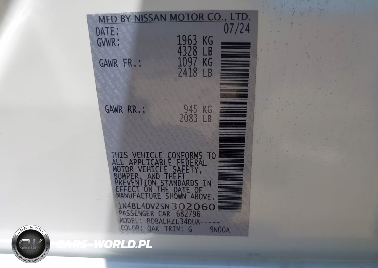 2025 Nissan Altima Sv Fwd VIN:1N4BL4DV2SN302060 - 9