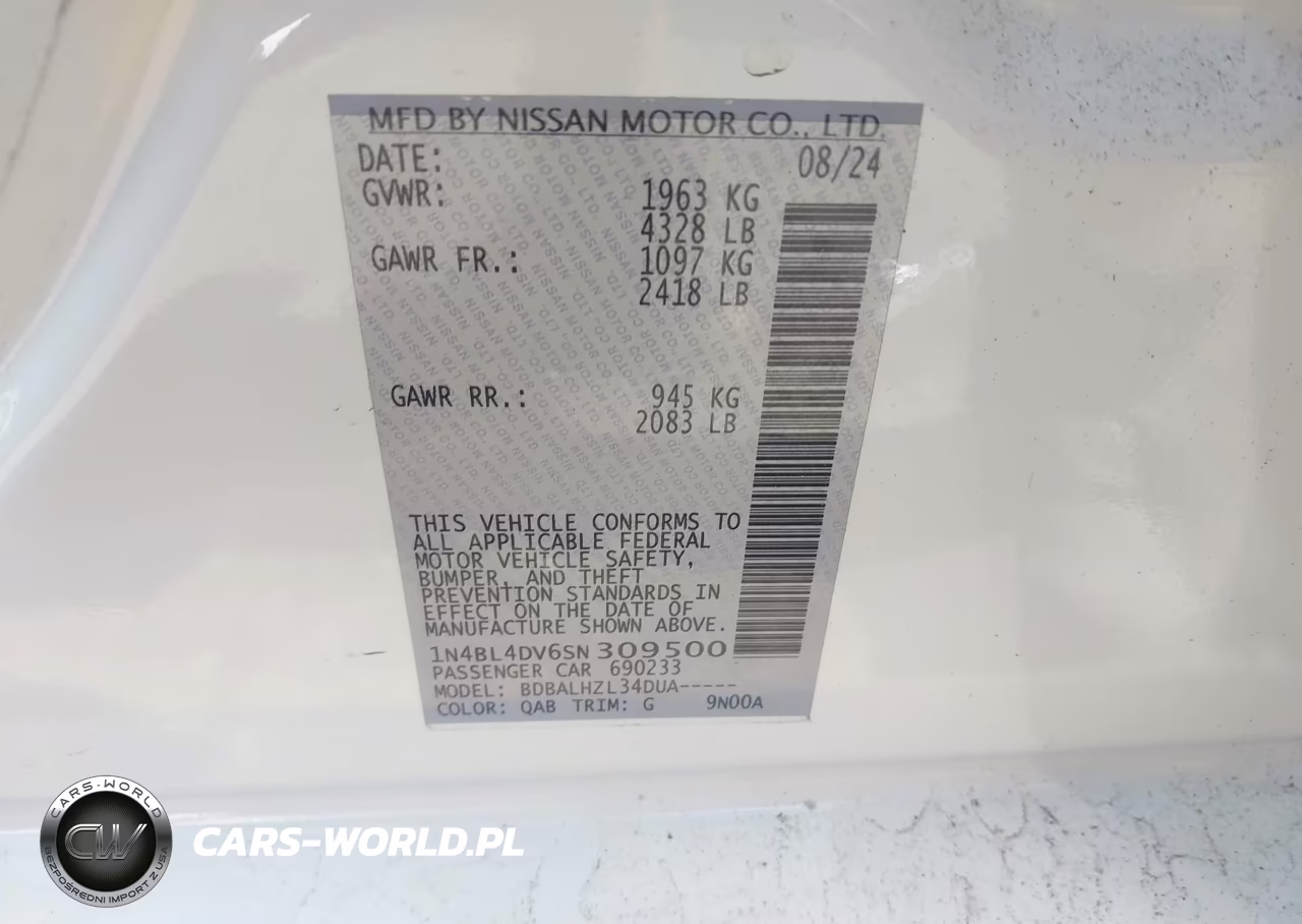2025 Nissan Altima Sv Fwd VIN:1N4BL4DV6SN309500 - 9
