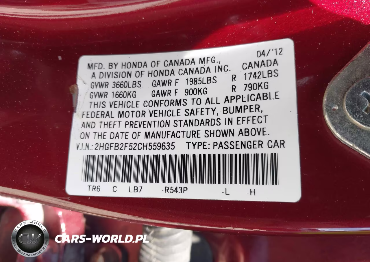 2012 Honda Civic Lx VIN:2HGFB2F52CH559635 - 9