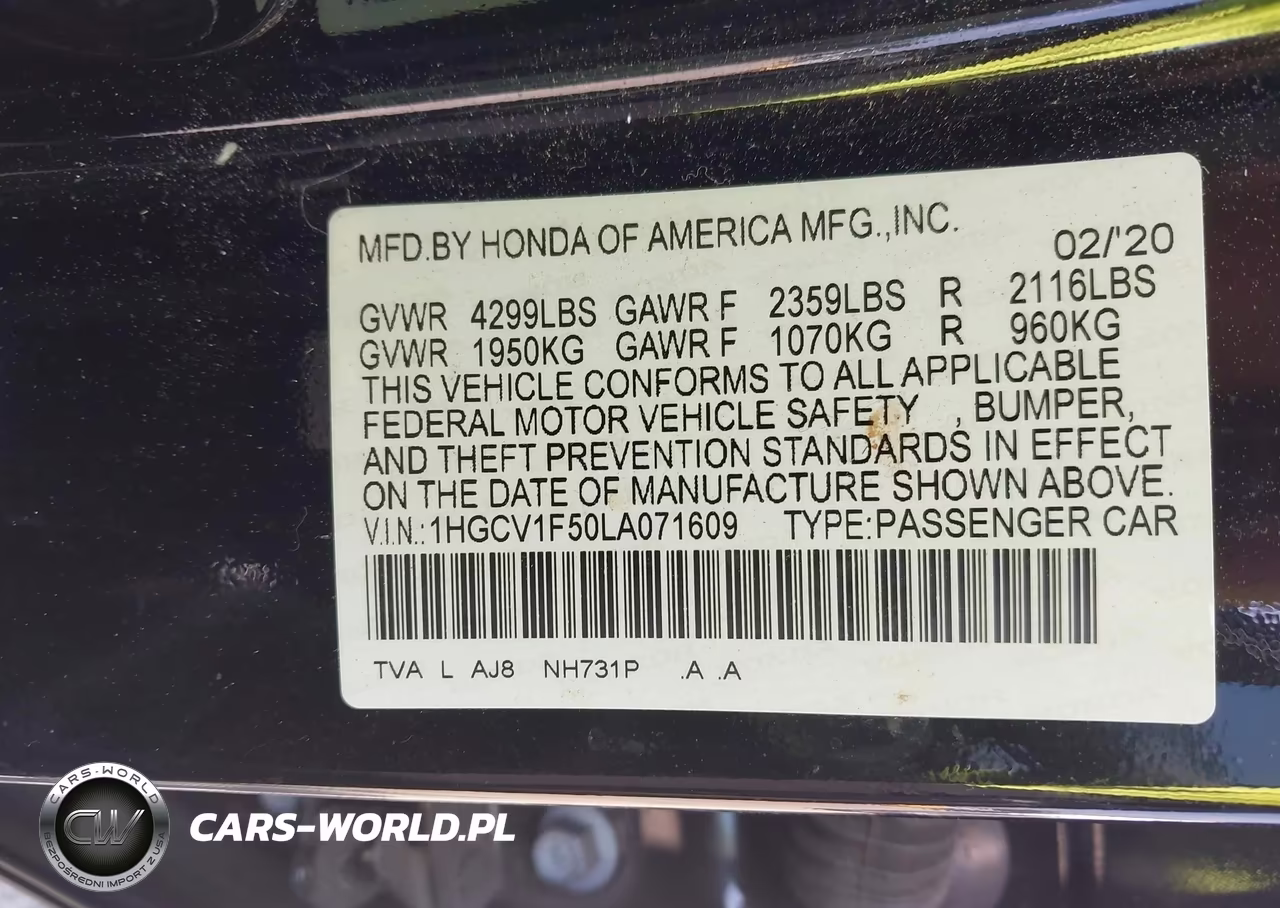 2020 Honda Accord Ex-L VIN:1HGCV1F50LA071609 - 9