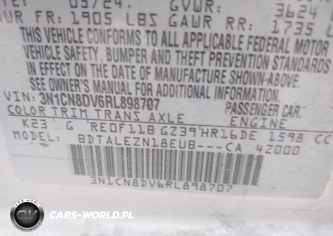 2024 Nissan Versa 1.6 S VIN:3N1CN8DV6RL898707 - 9