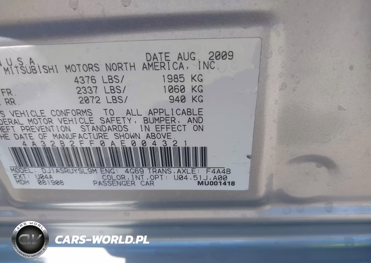 2010 Mitsubishi Galant Fe VIN:4A32B2FF0AE004321 - 9