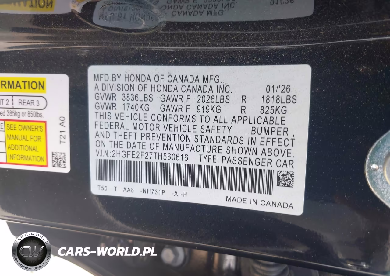 2026 Honda Civic Lx VIN:2HGFE2F27TH560616 - 9