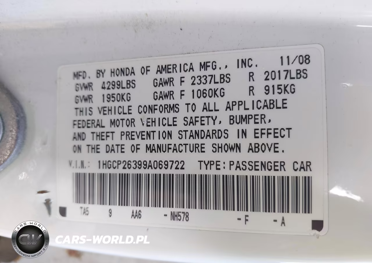 2009 Honda Accord 2.4 Lx VIN:1HGCP26399A069722 - 9