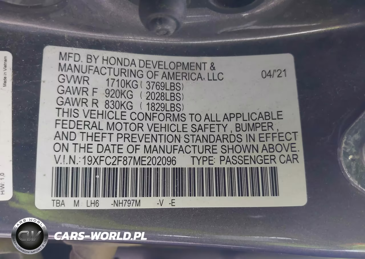2021 Honda Civic Sport VIN:19XFC2F87ME202096 - 9