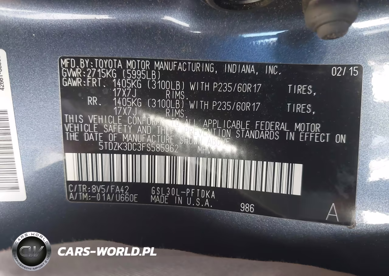 2015 Toyota Sienna L 7 Passenger VIN:5TDZK3DC3FS585962 - 9