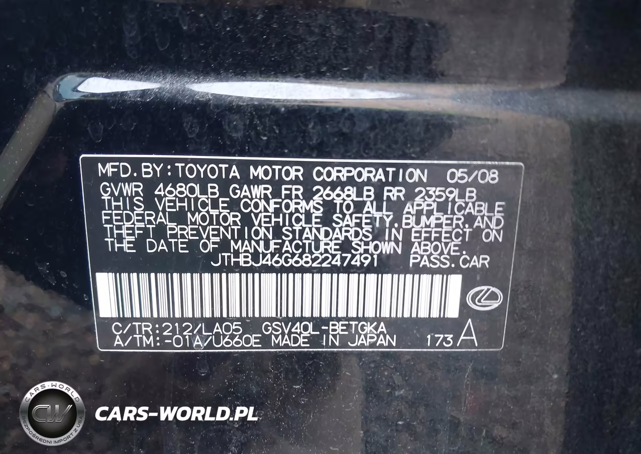2008 Lexus Es 350 VIN:JTHBJ46G682247491 - 9
