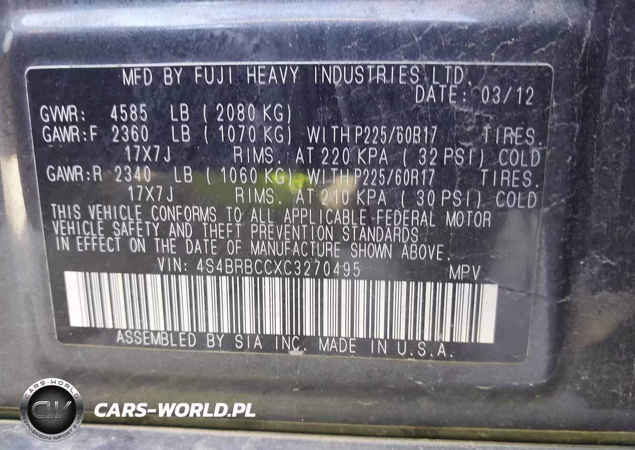 2012 Subaru Outback 2.5I Premium VIN:4S4BRBCCXC3270495 - 9
