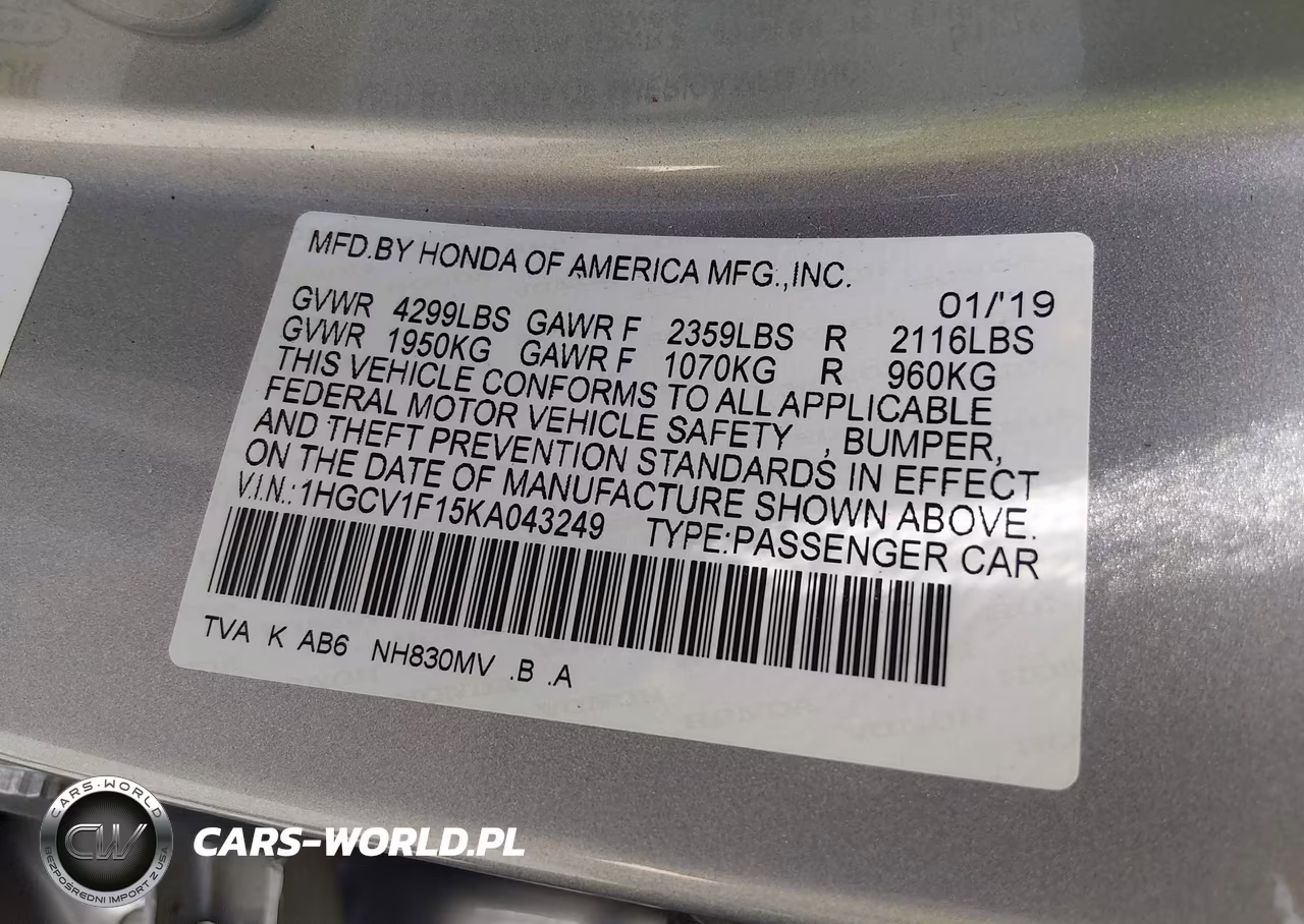 2019 Honda Accord Lx VIN:1HGCV1F15KA043249 - 9