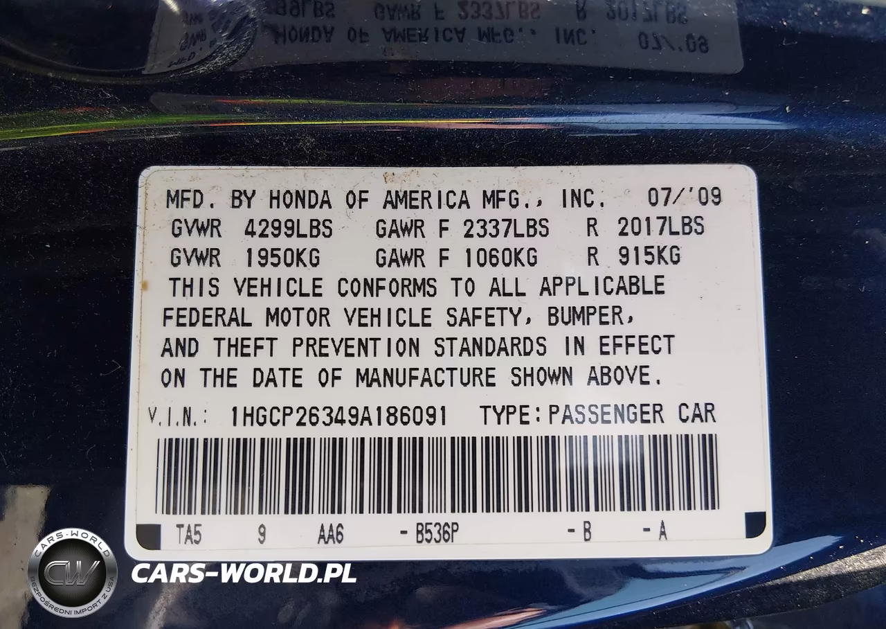 2009 Honda Accord 2.4 Lx VIN:1HGCP26349A186091 - 9