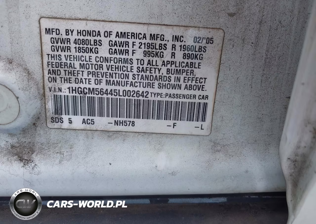 2005 Honda Accord 2.4 Lx VIN:1HGCM56445L002642 - 9