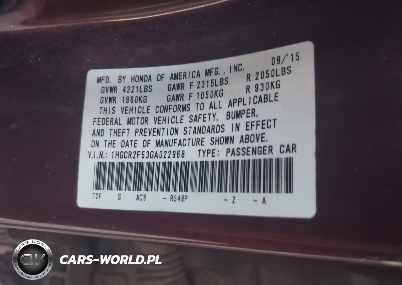 2016 Honda Accord Sport VIN:1HGCR2F53GA022968 - 9