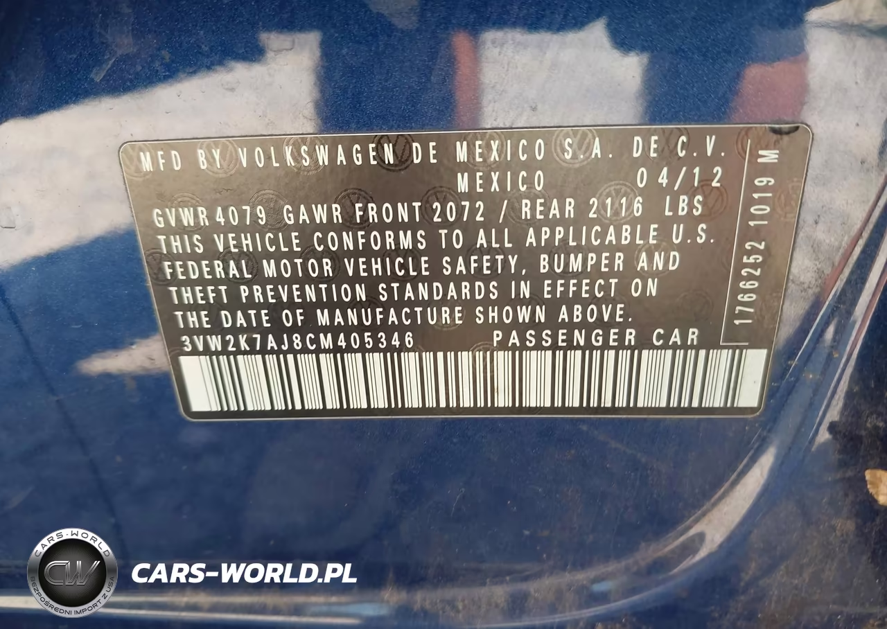 2012 Volkswagen Jetta 2.0L S VIN:3VW2K7AJ8CM405346 - 9