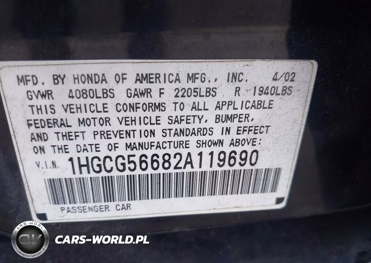 2002 Honda Accord 2.3 Ex VIN:1HGCG56682A119690 - 9